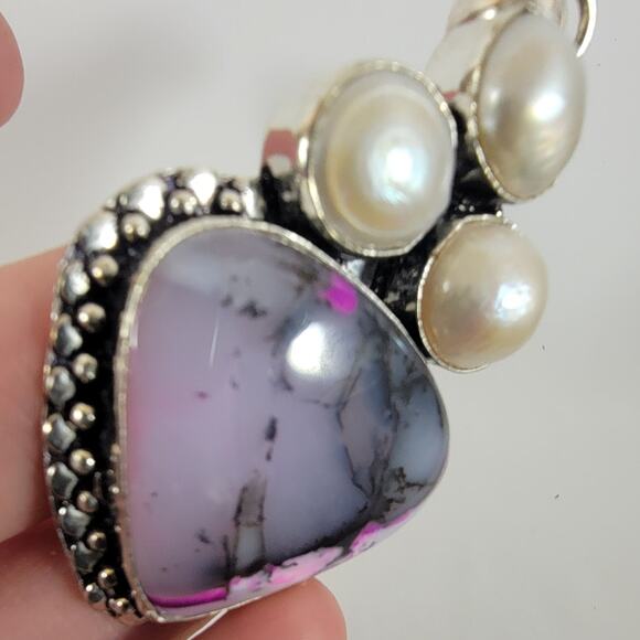 Handmade Silver Pendant with Pink Jasper Heart, Freshwater Pearls & 925 Setting - Picture 7 of 10